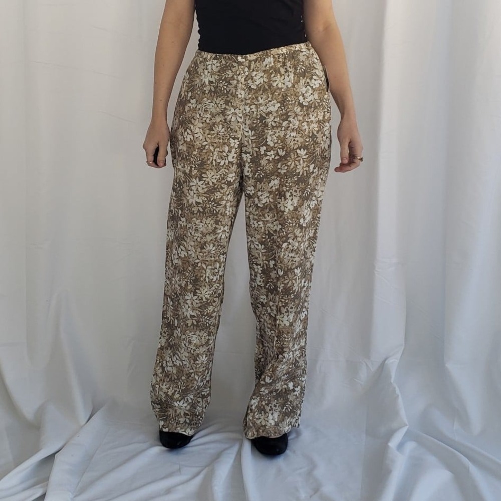 90s Deadstock Liz Claiborne Brown Floral Rayon Pants - Picture 1 of 4